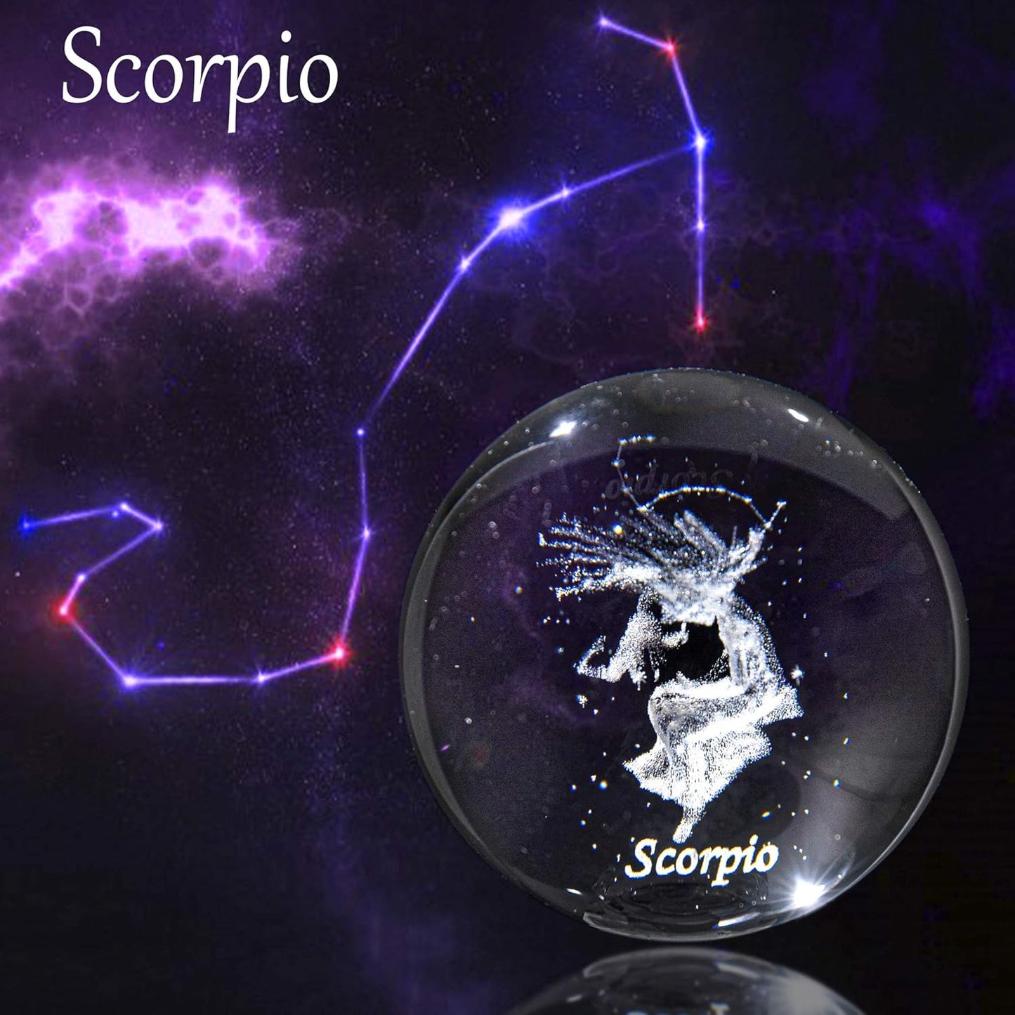 3D Laser Constellation Ball Crystal 60Mm Paperweight Full Sphere Glass Fengshui with Sliver-Plated Flowering Stand(Scorpio)