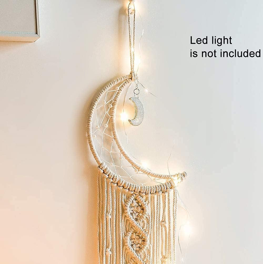 Boho Macrame Woven Wall Hanging, Crochet Crescent Moon Star Dream Catcher with Long Tassel- White Cotton Handmade Bohemian Home Decor Decoration Art Craft for Kids Bedroom Dorm Room