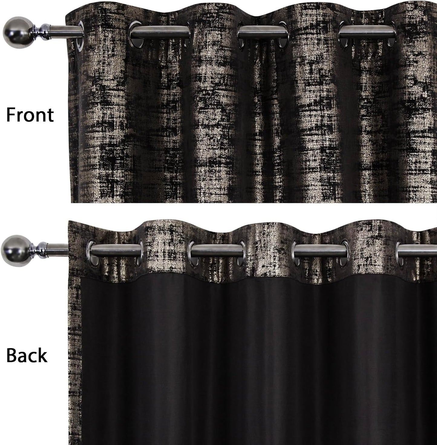 Black Gold Soft Velvet Curtains 84 Inch Length Luxury Bedroom Curtains Gold Foil Print Window Treatments for Living Room Bedroom Set of 2