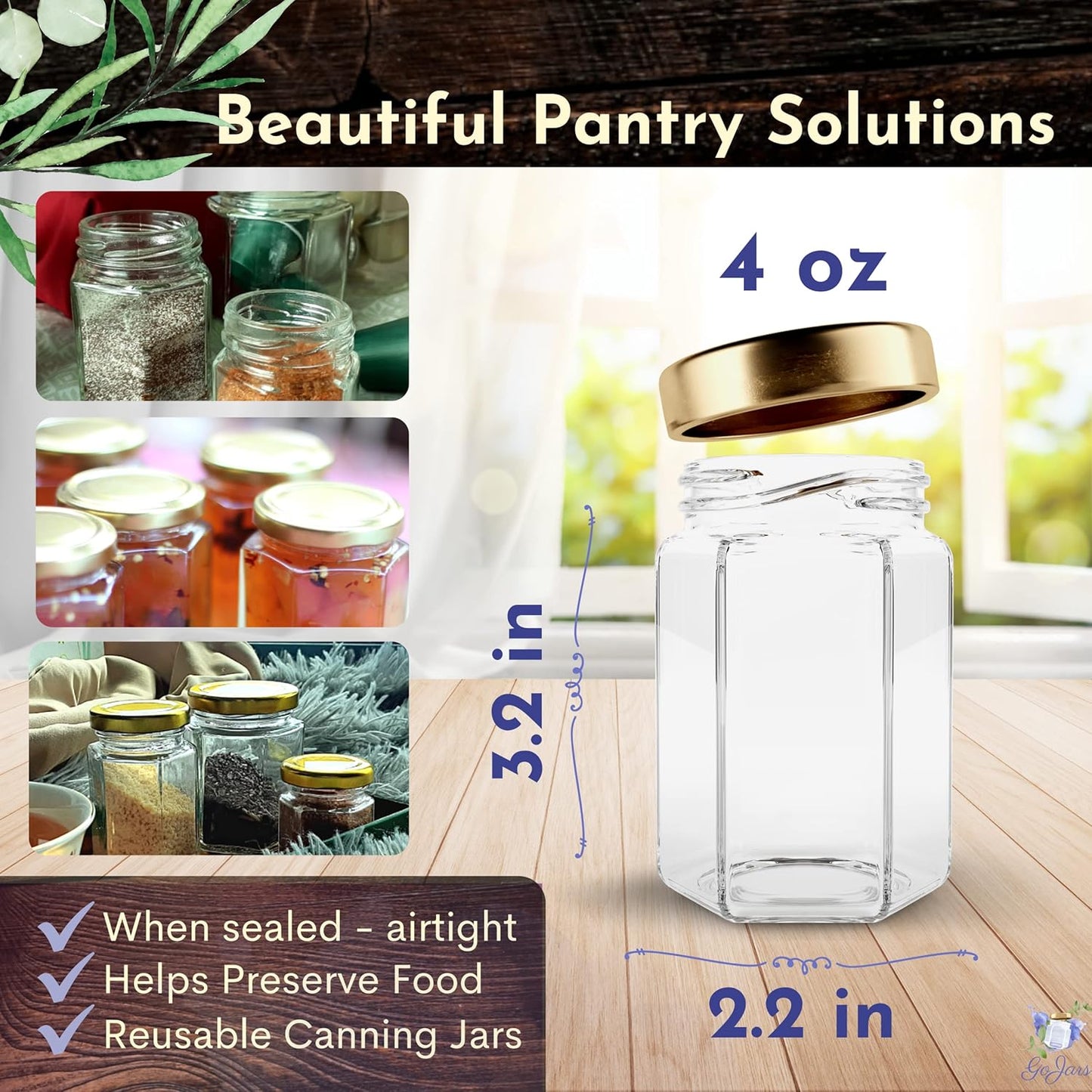 Hexagon Glass Jars 4Oz Premium Food-Grade. Mini Jars with Lids for Gifts, Wedding Favors, Honey, Jams and More. (24, 4Oz)