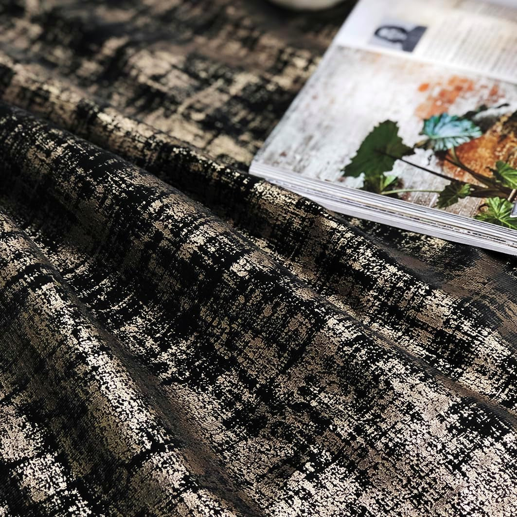 Black Gold Soft Velvet Curtains 84 Inch Length Luxury Bedroom Curtains Gold Foil Print Window Treatments for Living Room Bedroom Set of 2