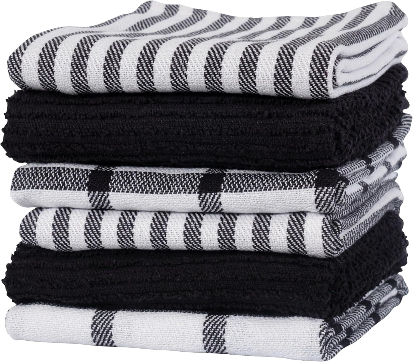 Premium Kitchen Towels (18" X 28"), Large 100% Cotton, Flat & Terry Absorbent Dish Towel Set (Black, 18 X 28-6 Pack)