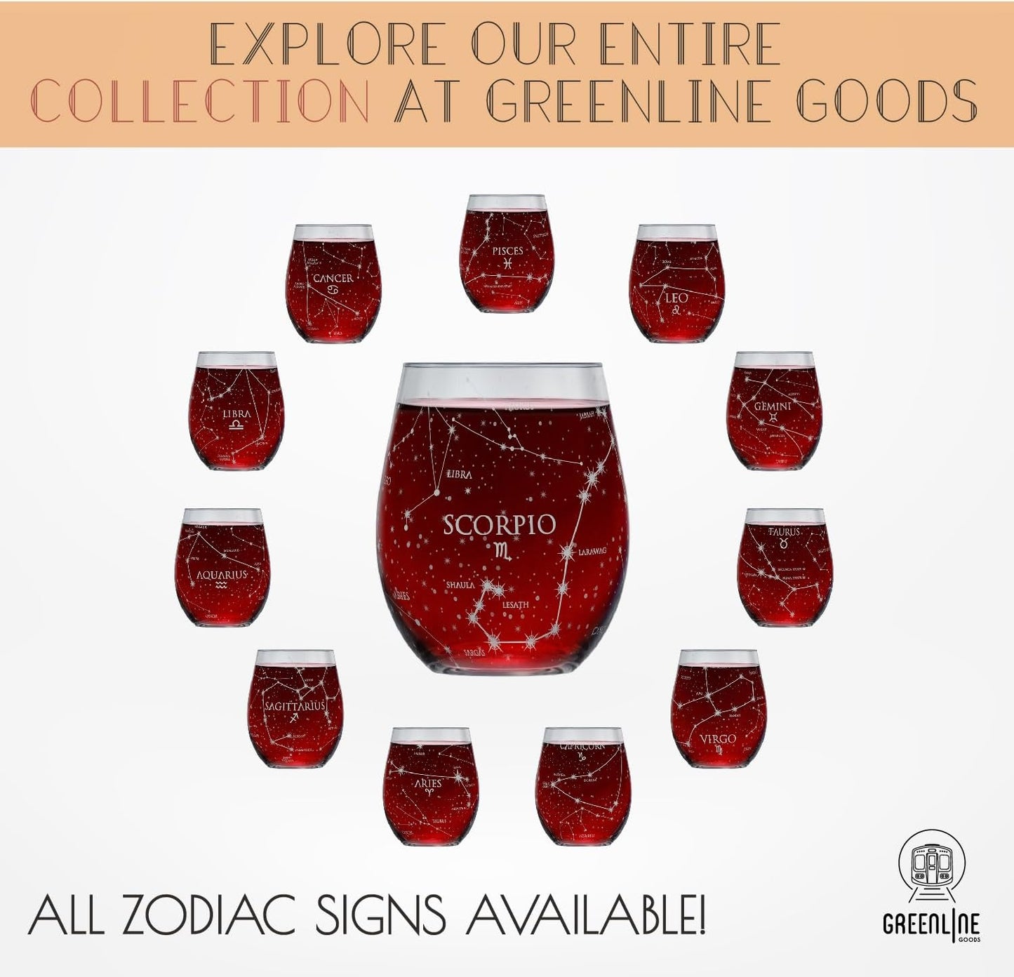 Scorpio Stemless Wine Glasses Zodiac Scorpio Set Hand Etched 15 Oz (Set of 2) - Astrology Sign Glassware