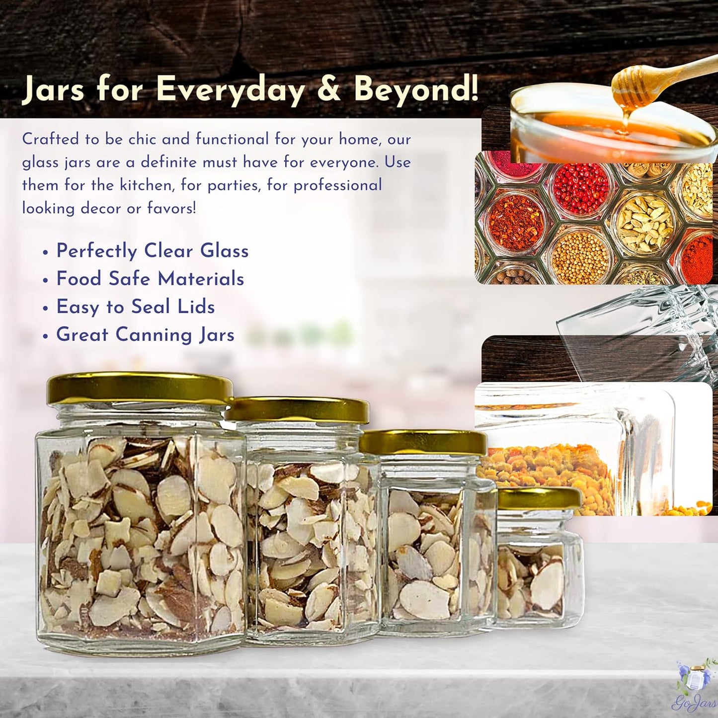 Hexagon Glass Jars 4Oz Premium Food-Grade. Mini Jars with Lids for Gifts, Wedding Favors, Honey, Jams and More. (24, 4Oz)