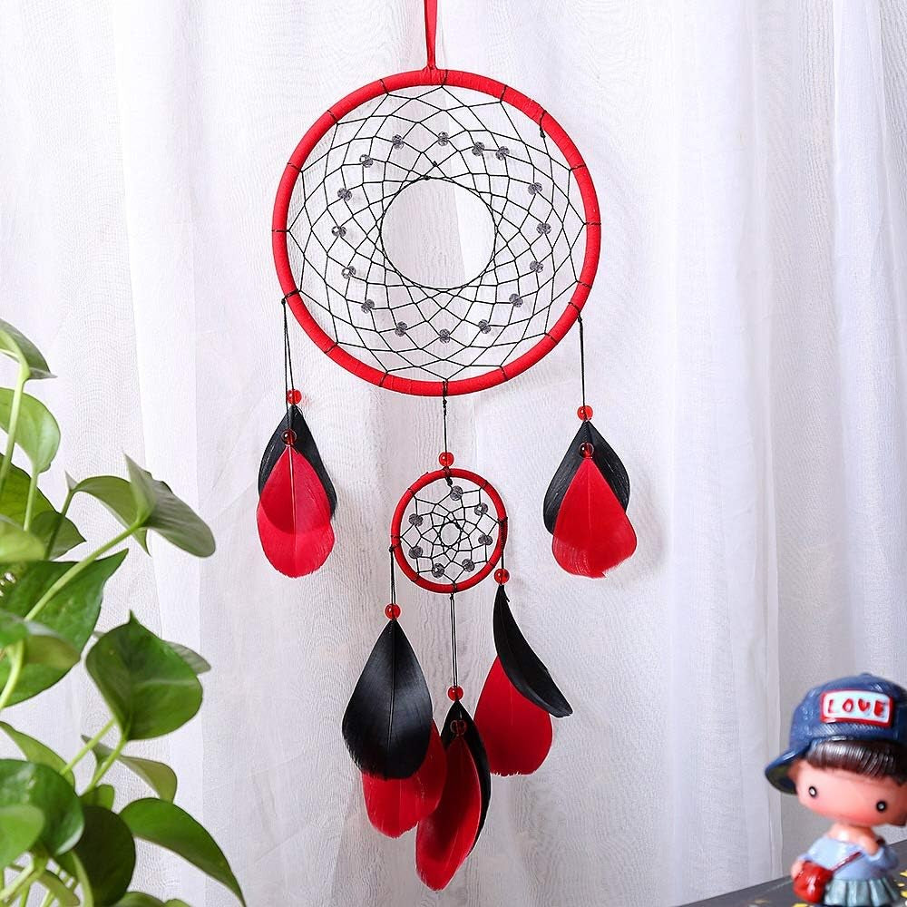 Red Dream Catchers, Dream Catcher for Wall Decor, Traditional Dreamcatcher Red Feather Wall Hanging Decoration