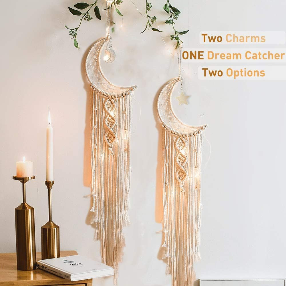 Boho Macrame Woven Wall Hanging, Crochet Crescent Moon Star Dream Catcher with Long Tassel- White Cotton Handmade Bohemian Home Decor Decoration Art Craft for Kids Bedroom Dorm Room