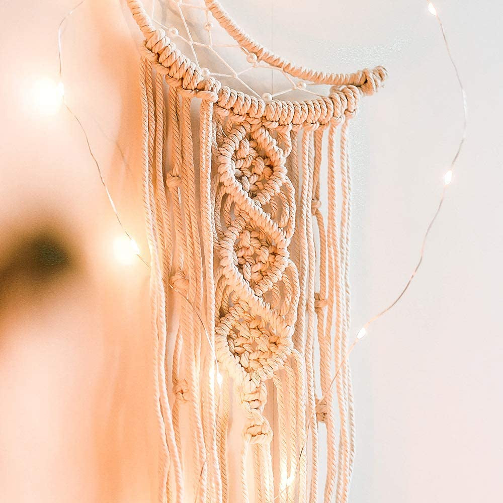 Boho Macrame Woven Wall Hanging, Crochet Crescent Moon Star Dream Catcher with Long Tassel- White Cotton Handmade Bohemian Home Decor Decoration Art Craft for Kids Bedroom Dorm Room