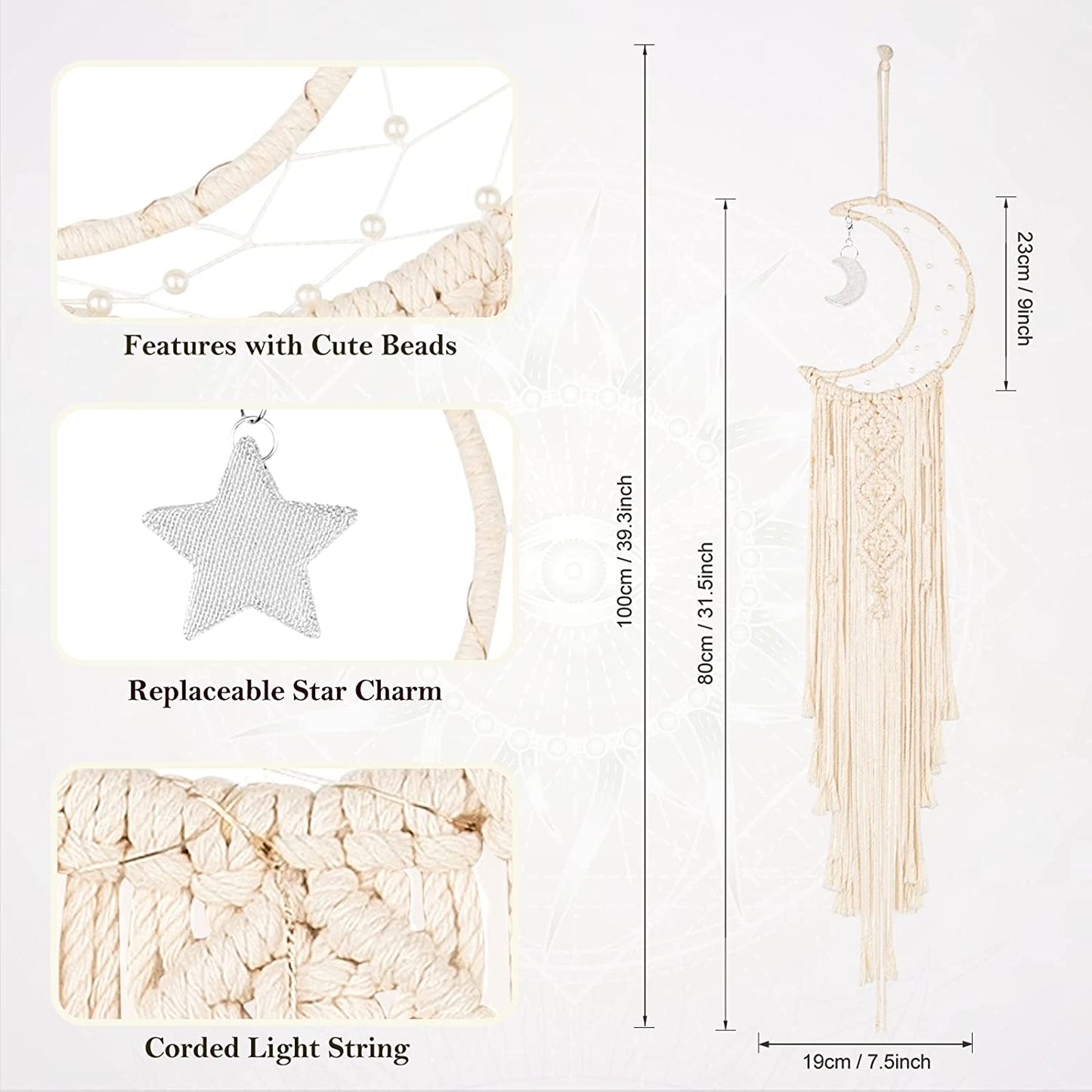 Boho Macrame Woven Wall Hanging, Crochet Crescent Moon Star Dream Catcher with Long Tassel- White Cotton Handmade Bohemian Home Decor Decoration Art Craft for Kids Bedroom Dorm Room