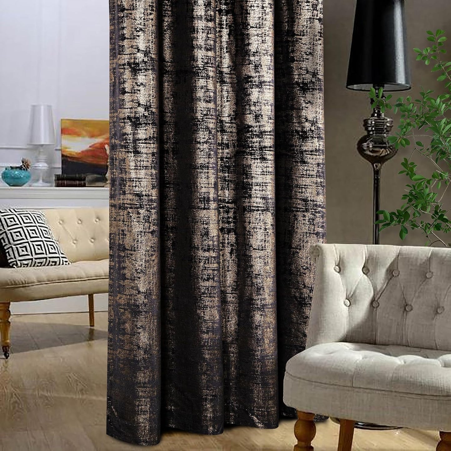 Black Gold Soft Velvet Curtains 84 Inch Length Luxury Bedroom Curtains Gold Foil Print Window Treatments for Living Room Bedroom Set of 2