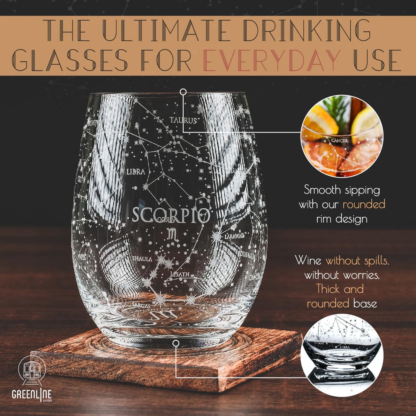 Scorpio Stemless Wine Glasses Zodiac Scorpio Set Hand Etched 15 Oz (Set of 2) - Astrology Sign Glassware