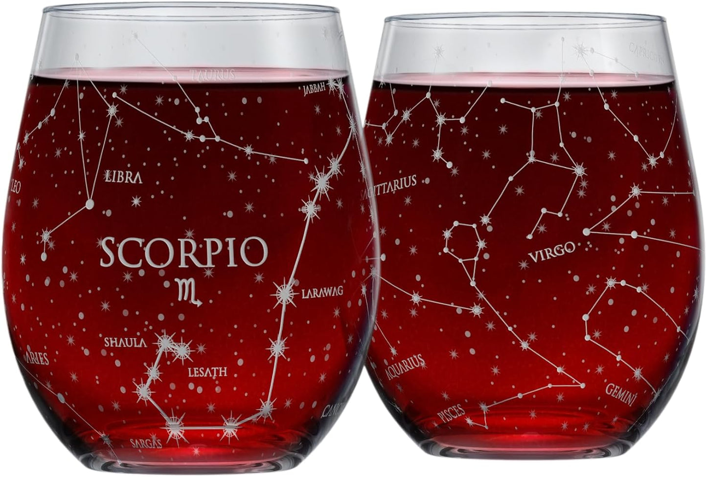 Scorpio Stemless Wine Glasses Zodiac Scorpio Set Hand Etched 15 Oz (Set of 2) - Astrology Sign Glassware