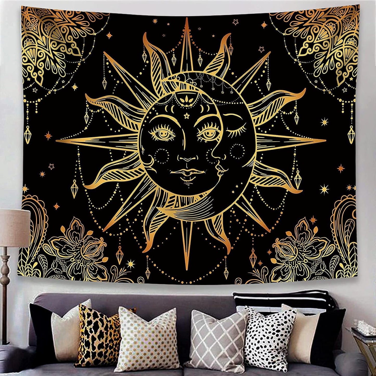 Hippie Sun and Moon Tapestry Bohemian Tapestry Aesthetic Cute Tapestries for Bedroom and Living Room Decor Sun 60×80 Inches