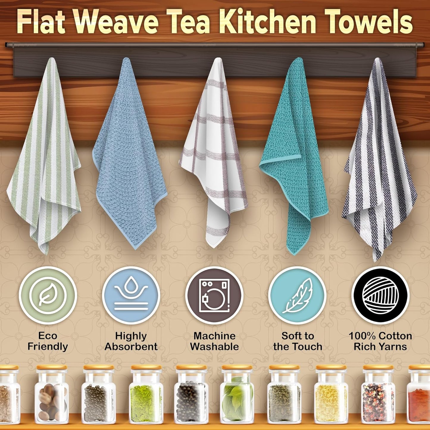 Premium Kitchen Towels (18" X 28"), Large 100% Cotton, Flat & Terry Absorbent Dish Towel Set (Black, 18 X 28-6 Pack)