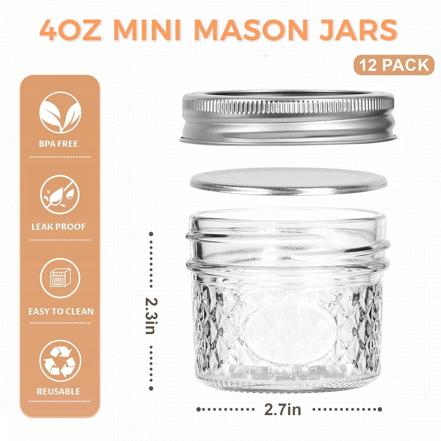 4 Oz 12 PACK Mini Mason Jars with Lids and Bands, Quilted Crystal Jars Ideal for Spice, Honey, Jam, Body Butters, Jelly, Wedding Favors, DIY Candles Decor