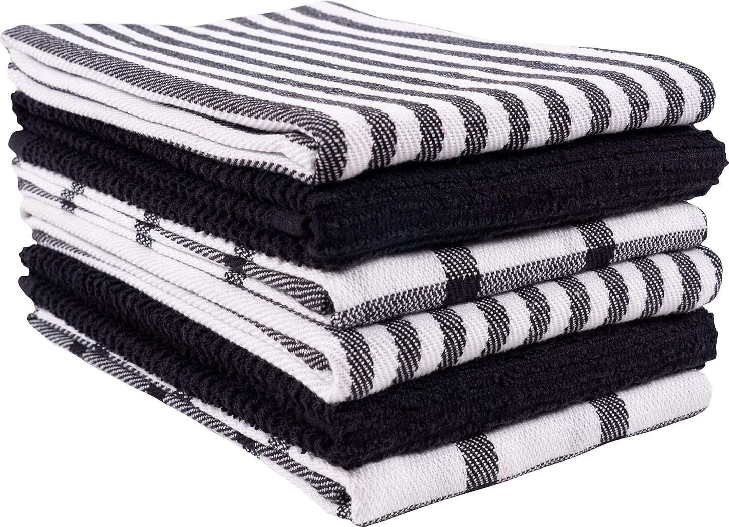 Premium Kitchen Towels (18" X 28"), Large 100% Cotton, Flat & Terry Absorbent Dish Towel Set (Black, 18 X 28-6 Pack)