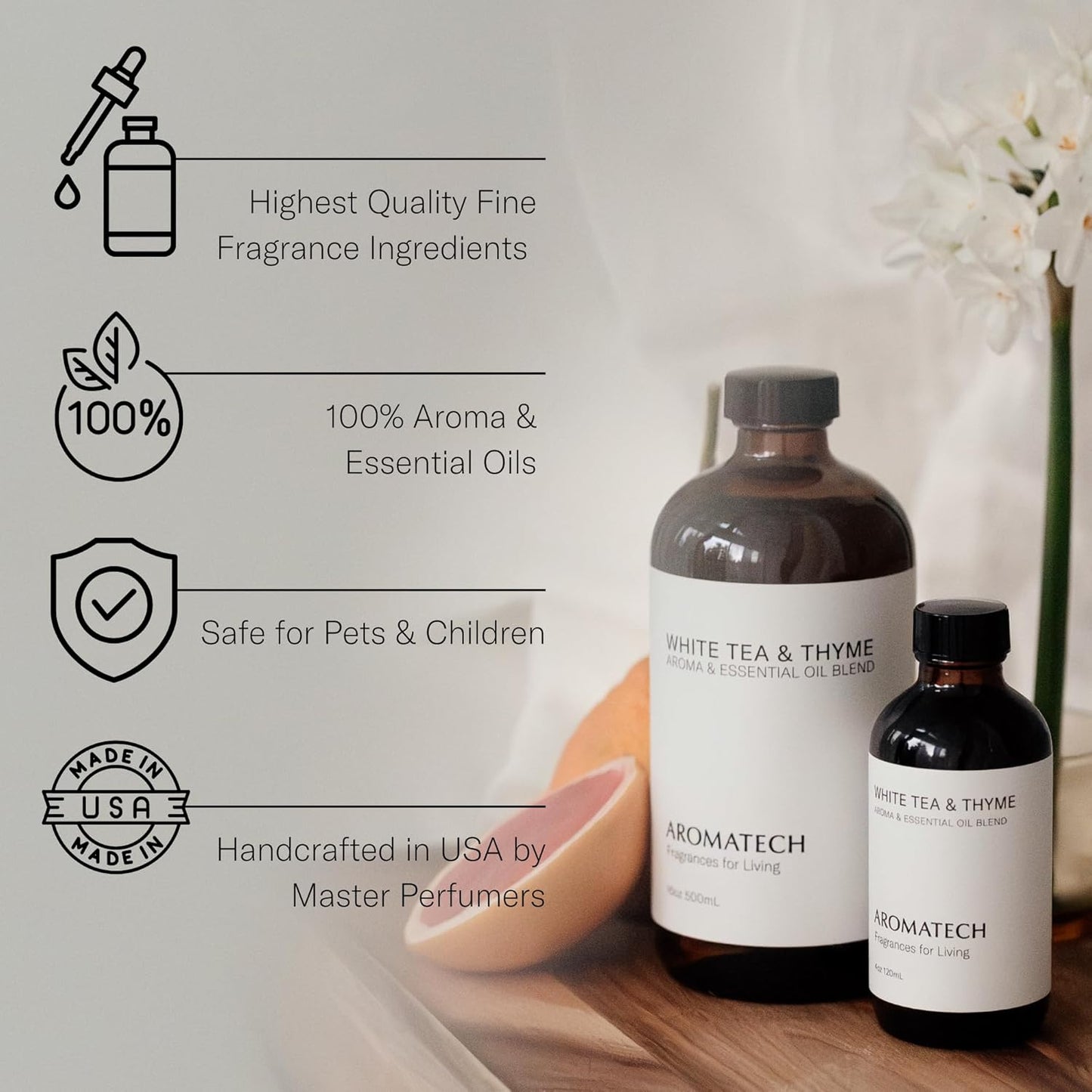 White Tea and Thyme Aroma Essential Oil Blend: Luxury Hotel Inspired Aromatherapy with Tea Leaf, Fresh Thyme & Amber for Ultrasonic Diffusers & Nebulizers - 4 Fl Oz, 120 Ml