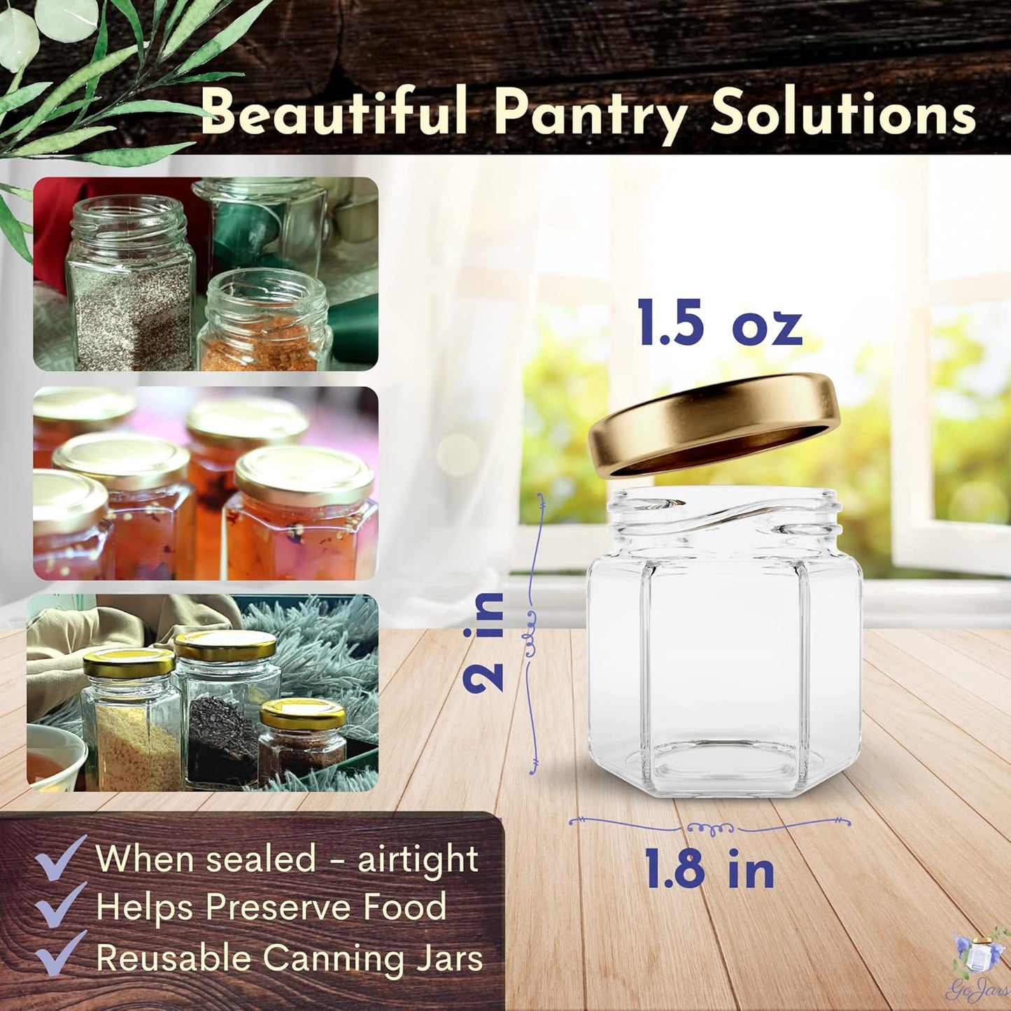 Hexagon Glass Jars 1.5Oz Premium Food-Grade. Mini Jars with Lids for Gifts, Wedding Favors, Honey, Jams and More. (12, 1.5Oz)