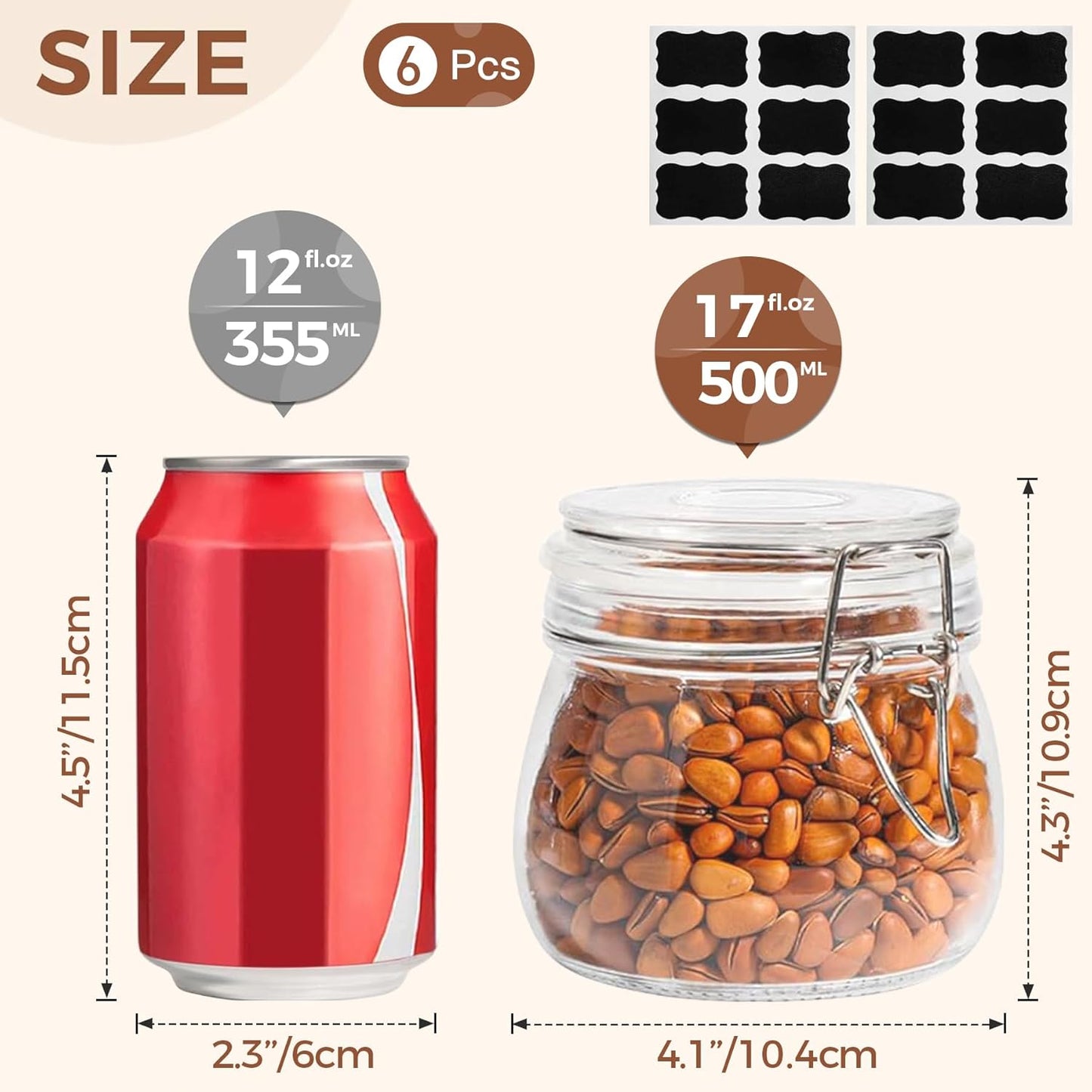 Airtight Glass Jars with Lids 17Oz Small Food Storage Container Set of 6 - Airtight Canister with Clear Preserving Seal Wire Clip Fastening for Kitchen Canning Pickling Mason Jars