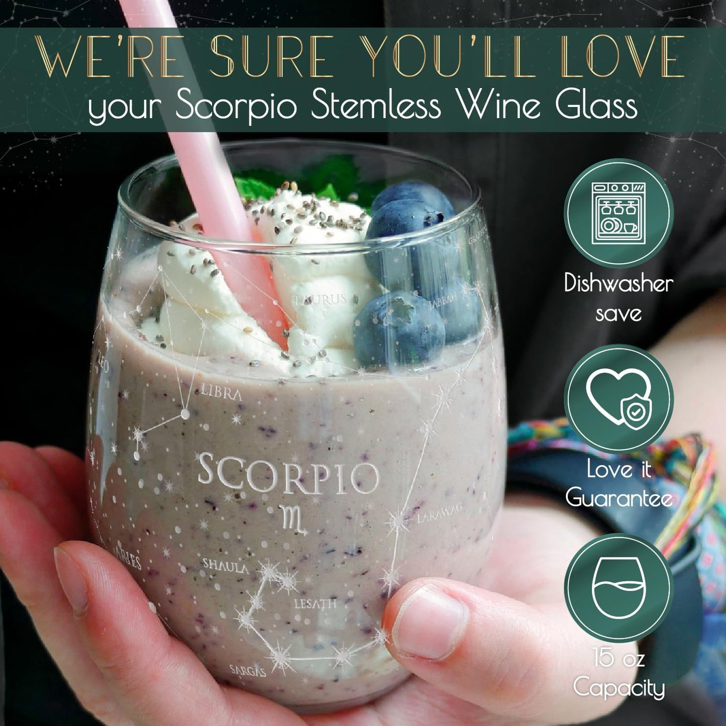 Scorpio Stemless Wine Glasses Zodiac Scorpio Set Hand Etched 15 Oz (Set of 2) - Astrology Sign Glassware