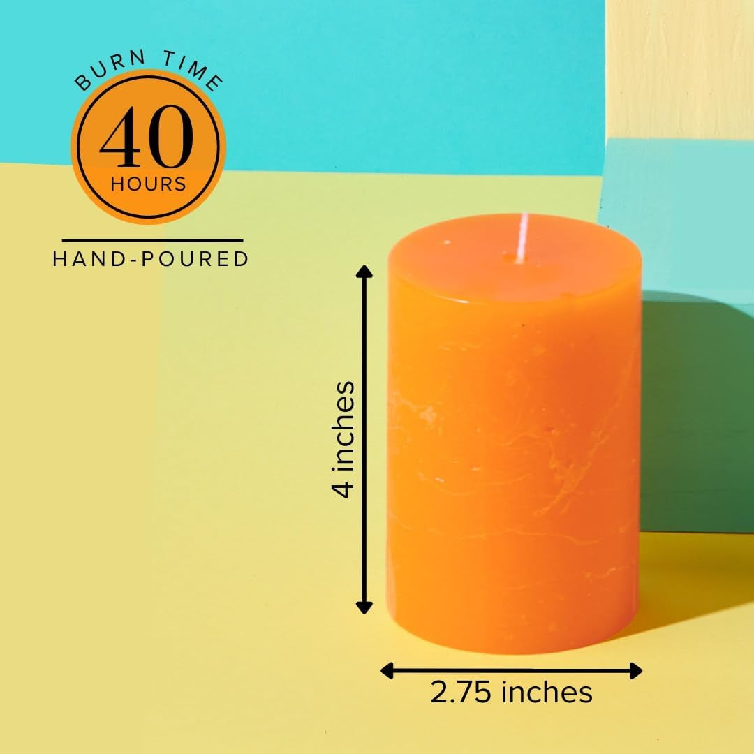 3X4 Inches Orange Candles & Fall Set, Rustic Texture Dripless Pillar Candles, Set of 3