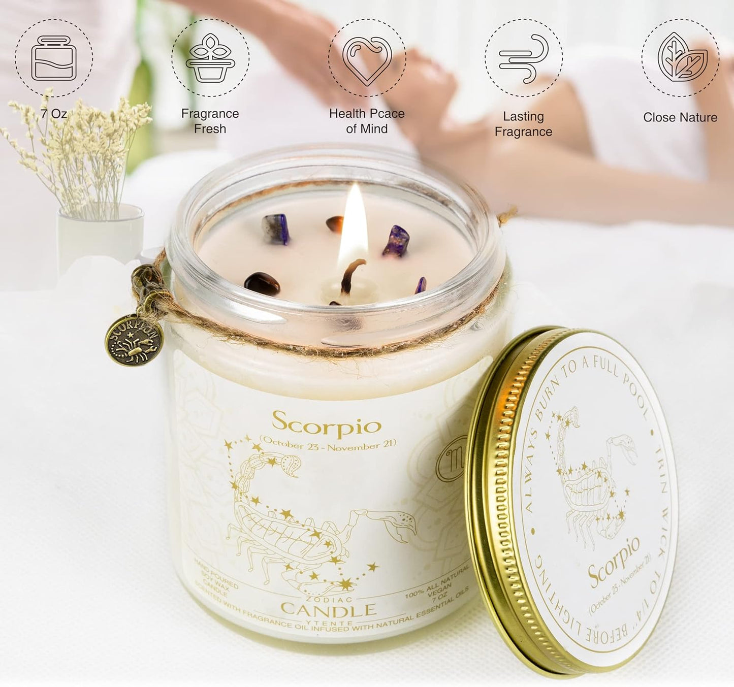 Zodiac Sign Jar Candle, Scorpio, Lavender Scented, Crystal Infused, 4 Ounce, Black, Unisex, All Season, Birthday, Anniversary, Christmas
