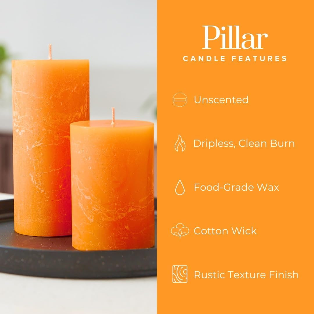 3X4 Inches Orange Candles & Fall Set, Rustic Texture Dripless Pillar Candles, Set of 3