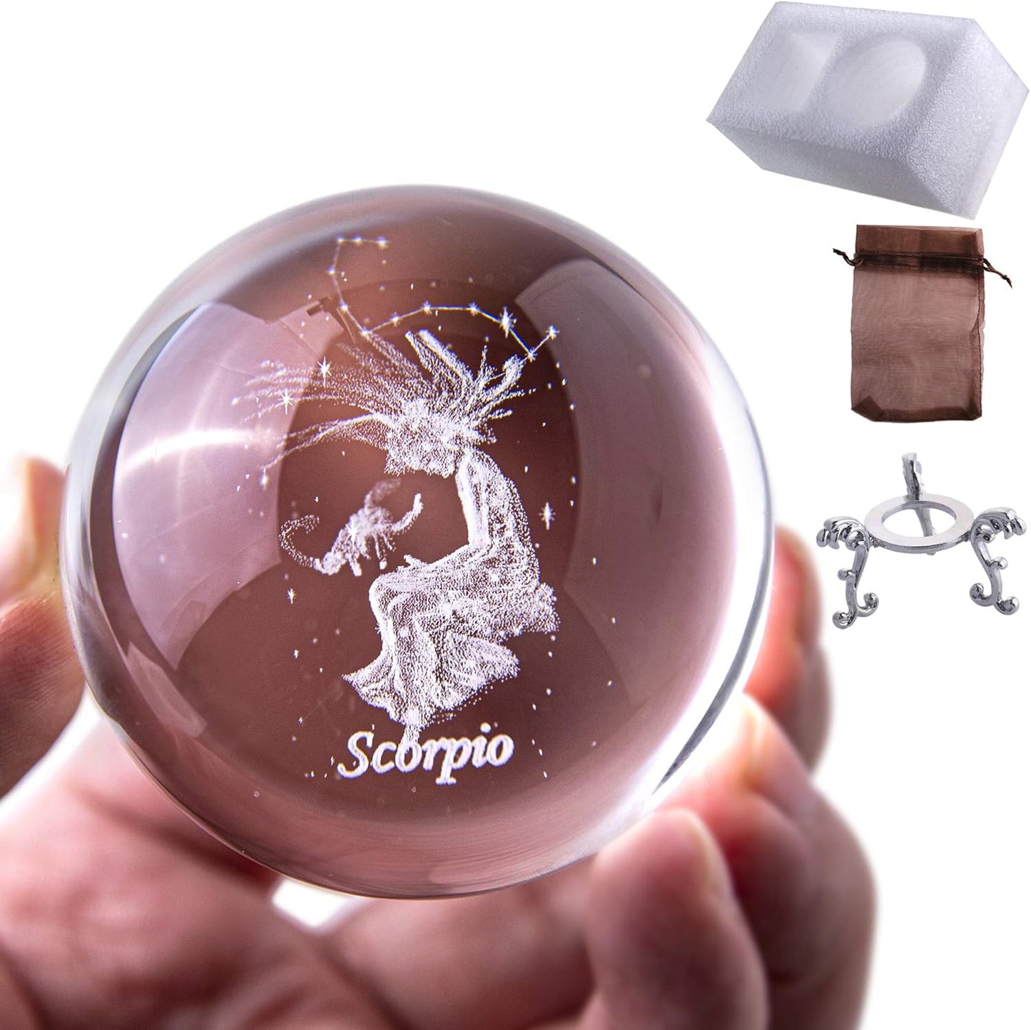 3D Laser Constellation Ball Crystal 60Mm Paperweight Full Sphere Glass Fengshui with Sliver-Plated Flowering Stand(Scorpio)