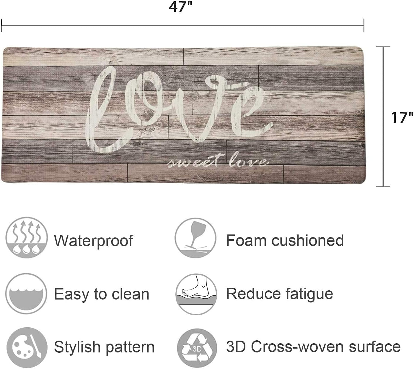 Farmhouse Kitchen Mats Cushioned Anti-Fatigue Comfort Mat for Home & Office Ergonomically Engineered Memory Foam Kitchen Rug Waterproof Non-Skid, 47" by 17",Love