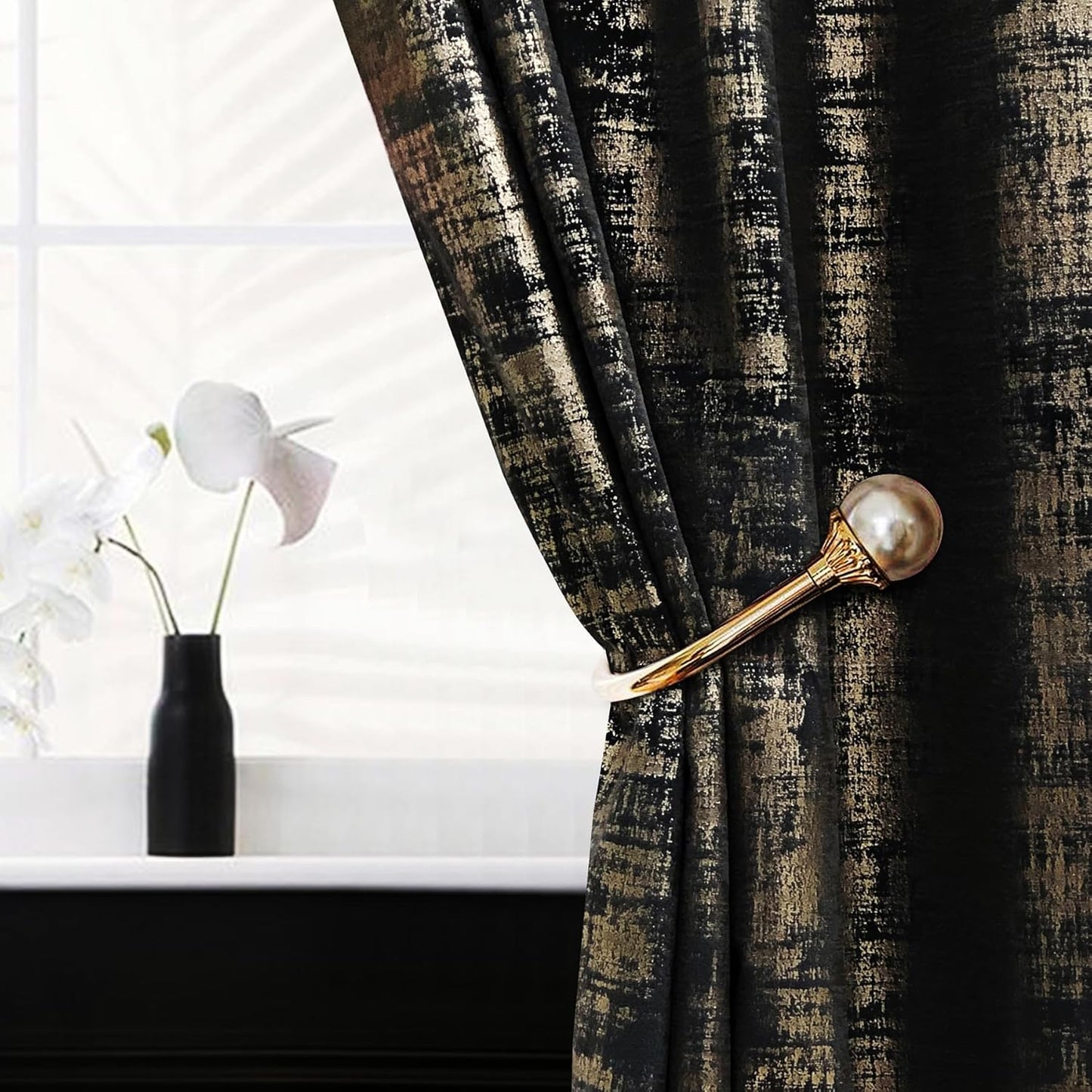 Black Gold Soft Velvet Curtains 84 Inch Length Luxury Bedroom Curtains Gold Foil Print Window Treatments for Living Room Bedroom Set of 2