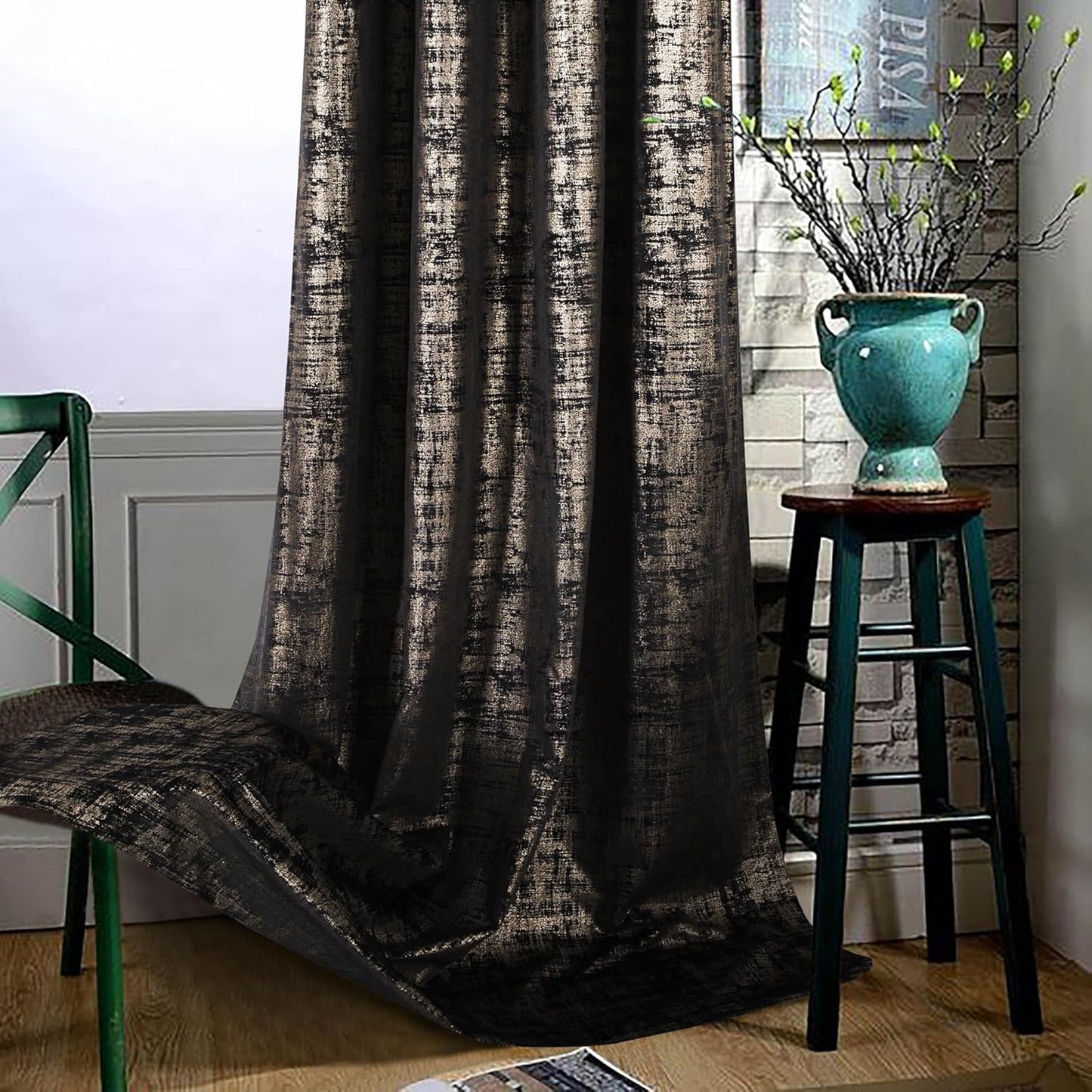 Black Gold Soft Velvet Curtains 84 Inch Length Luxury Bedroom Curtains Gold Foil Print Window Treatments for Living Room Bedroom Set of 2