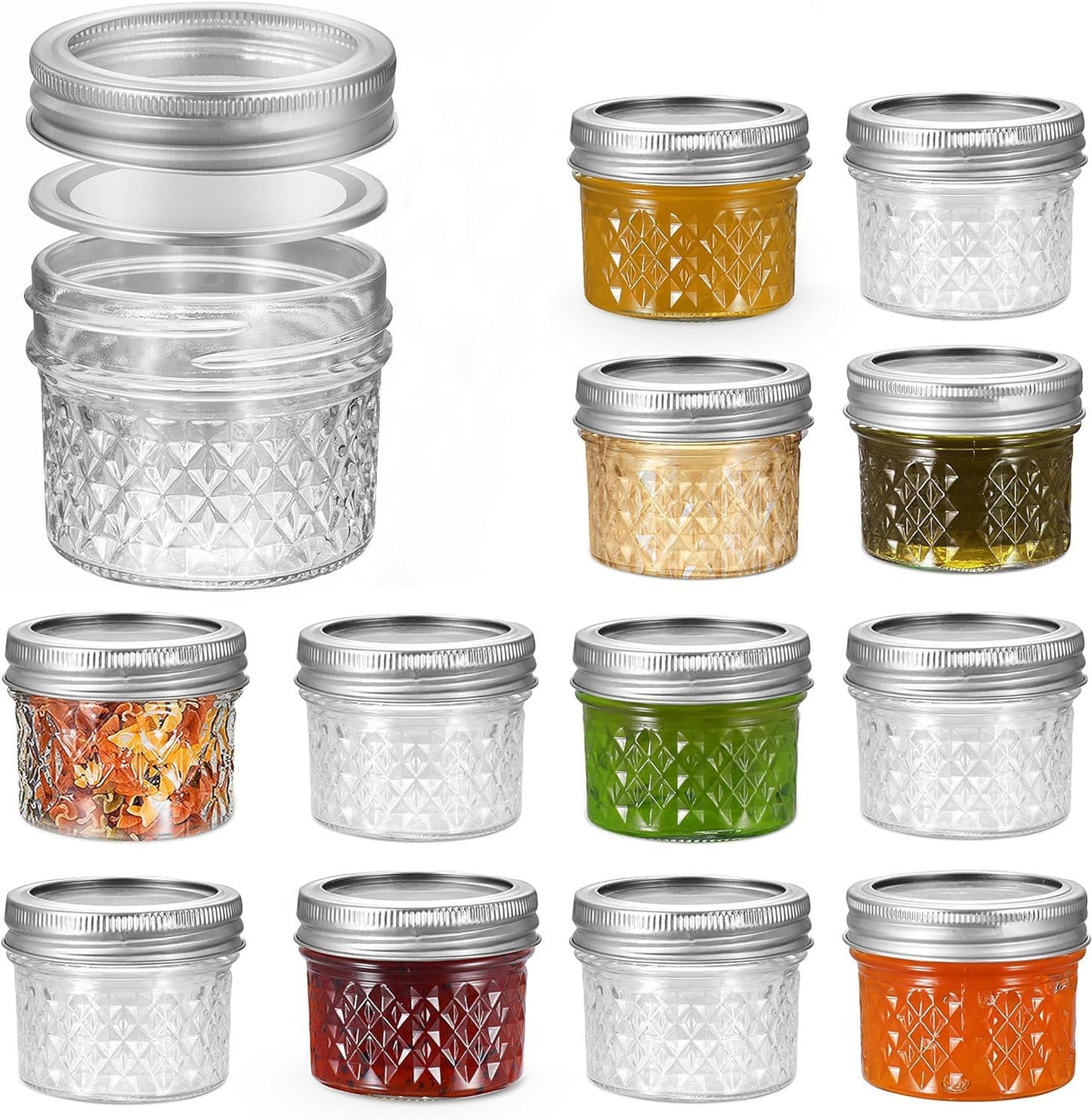 4 Oz 12 PACK Mini Mason Jars with Lids and Bands, Quilted Crystal Jars Ideal for Spice, Honey, Jam, Body Butters, Jelly, Wedding Favors, DIY Candles Decor
