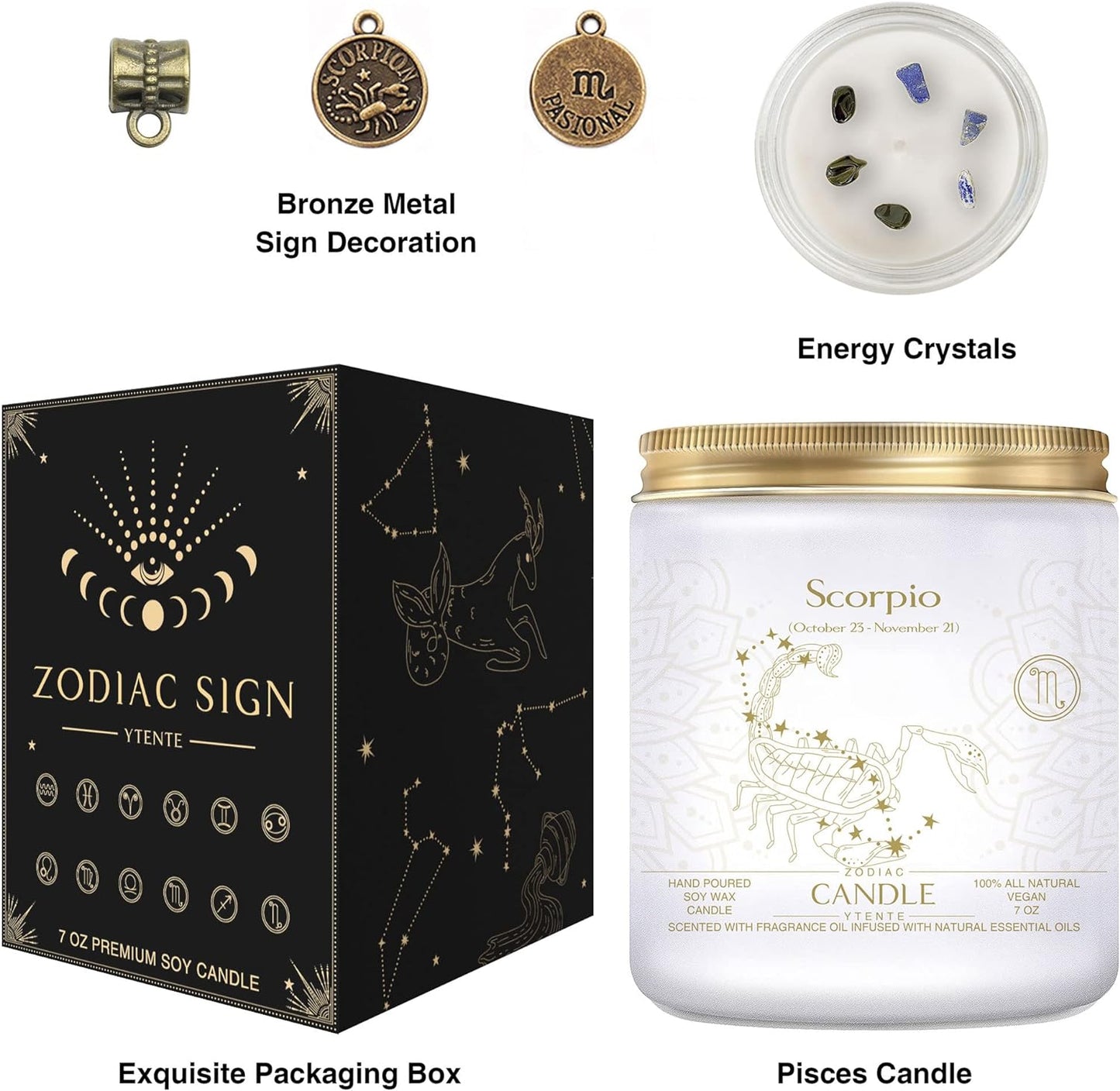 Zodiac Sign Jar Candle, Scorpio, Lavender Scented, Crystal Infused, 4 Ounce, Black, Unisex, All Season, Birthday, Anniversary, Christmas