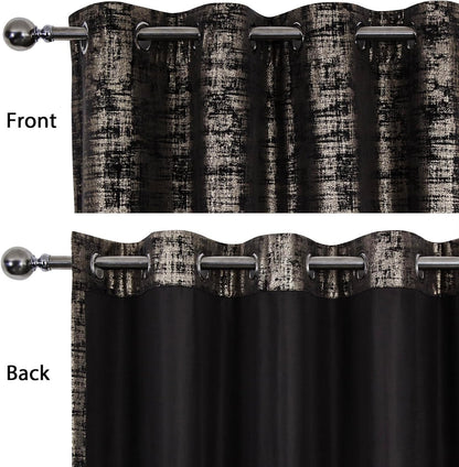 Black Gold Soft Velvet Curtains 84 Inch Length Luxury Bedroom Curtains Gold Foil Print Window Treatments for Living Room Bedroom Set of 2
