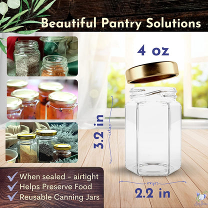Hexagon Glass Jars 4Oz Premium Food-Grade. Mini Jars with Lids for Gifts, Wedding Favors, Honey, Jams and More. (24, 4Oz)
