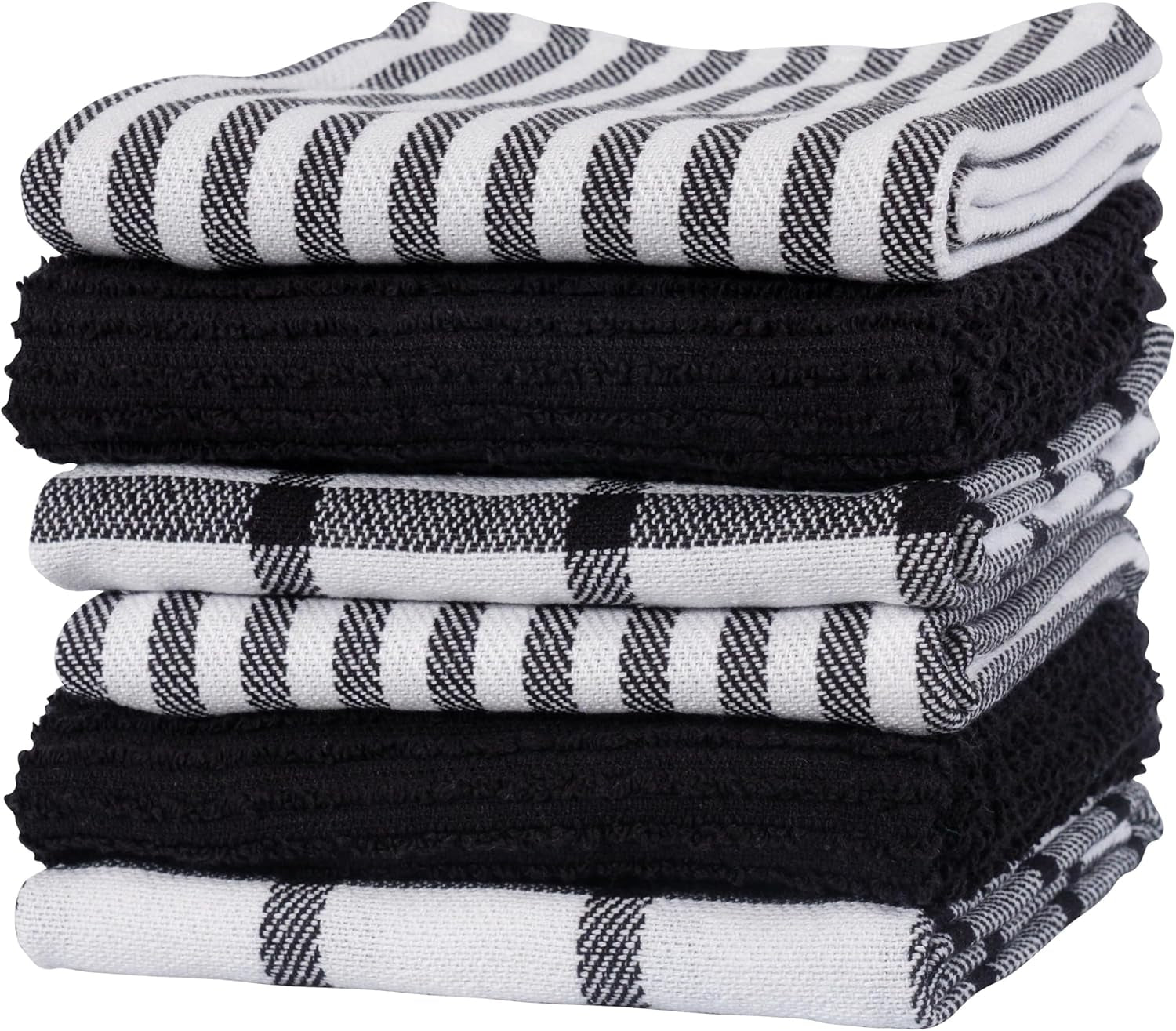 Premium Kitchen Towels (18" X 28"), Large 100% Cotton, Flat & Terry Absorbent Dish Towel Set (Black, 18 X 28-6 Pack)