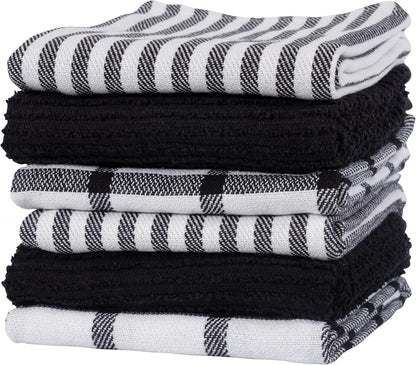 Premium Kitchen Towels (18" X 28"), Large 100% Cotton, Flat & Terry Absorbent Dish Towel Set (Black, 18 X 28-6 Pack)