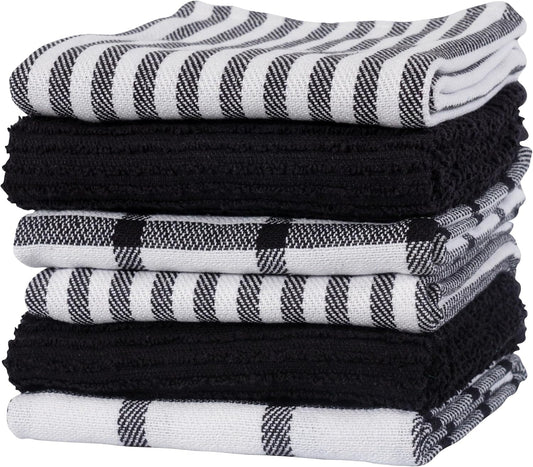 Premium Kitchen Towels (18" X 28"), Large 100% Cotton, Flat & Terry Absorbent Dish Towel Set (Black, 18 X 28-6 Pack)