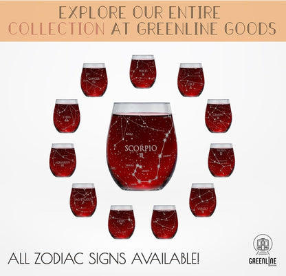 Scorpio Stemless Wine Glasses Zodiac Scorpio Set Hand Etched 15 Oz (Set of 2) - Astrology Sign Glassware
