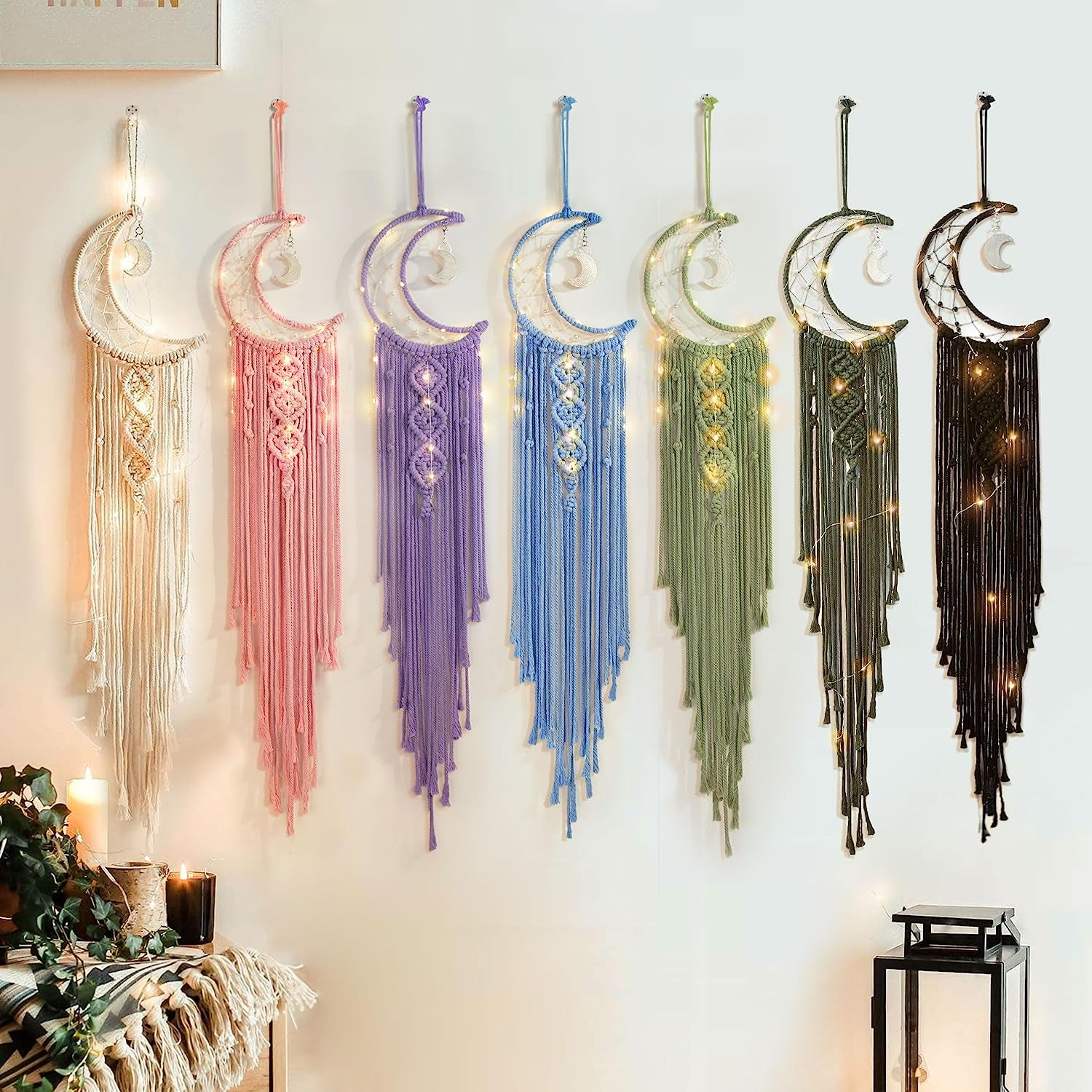 Boho Macrame Woven Wall Hanging, Crochet Crescent Moon Star Dream Catcher with Long Tassel- White Cotton Handmade Bohemian Home Decor Decoration Art Craft for Kids Bedroom Dorm Room