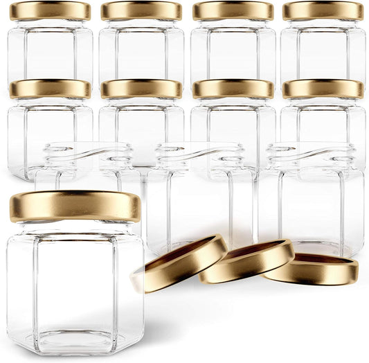 Hexagon Glass Jars 1.5Oz Premium Food-Grade. Mini Jars with Lids for Gifts, Wedding Favors, Honey, Jams and More. (12, 1.5Oz)