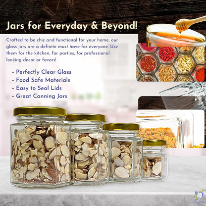 Hexagon Glass Jars 1.5Oz Premium Food-Grade. Mini Jars with Lids for Gifts, Wedding Favors, Honey, Jams and More. (12, 1.5Oz)