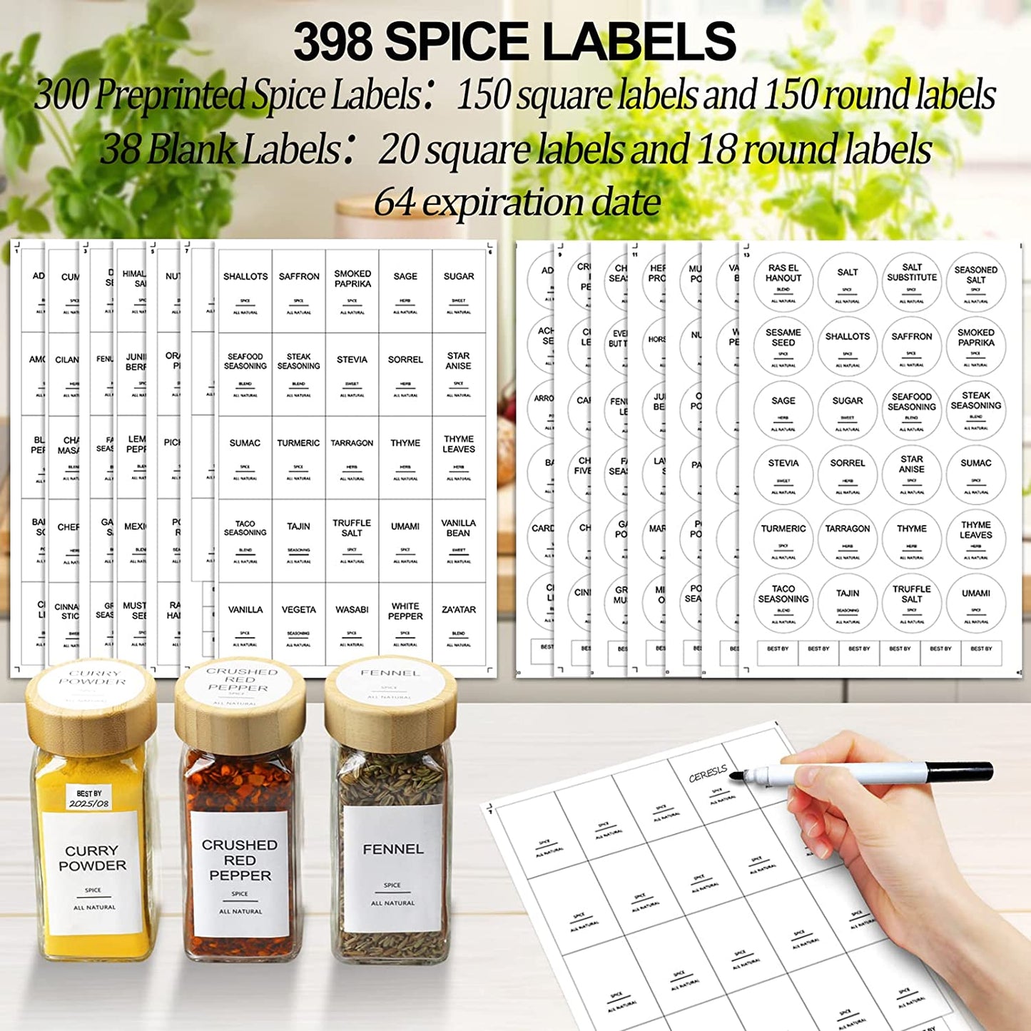Glass Spice Jars with 398 Labels, 24 Pcs 4Oz Spice Containers with Bamboo Lids, Square Spice Bottles with Shaker Lids,Spice Organization for Cabinet,Drawer,Rack,Seasoning Organizer