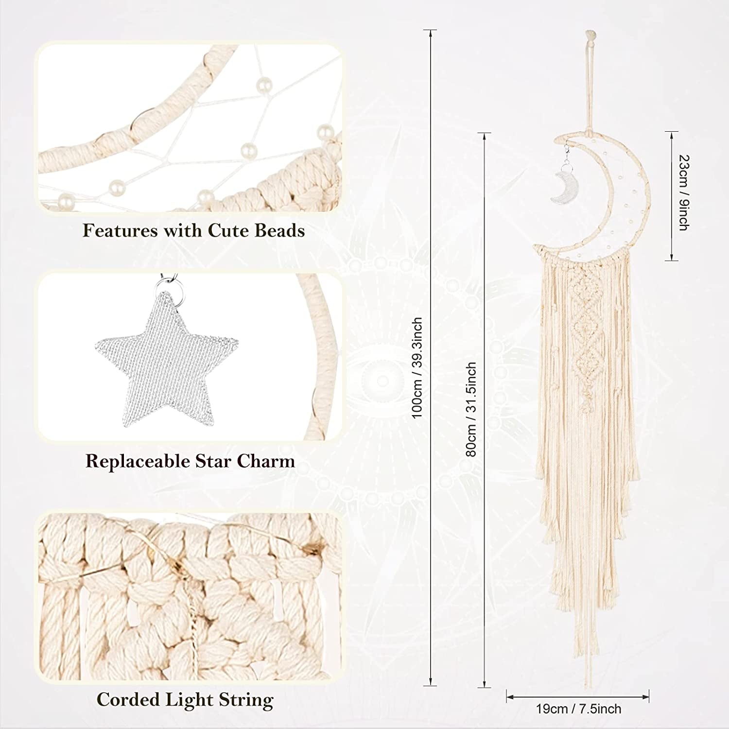 Boho Macrame Woven Wall Hanging, Crochet Crescent Moon Star Dream Catcher with Long Tassel- White Cotton Handmade Bohemian Home Decor Decoration Art Craft for Kids Bedroom Dorm Room