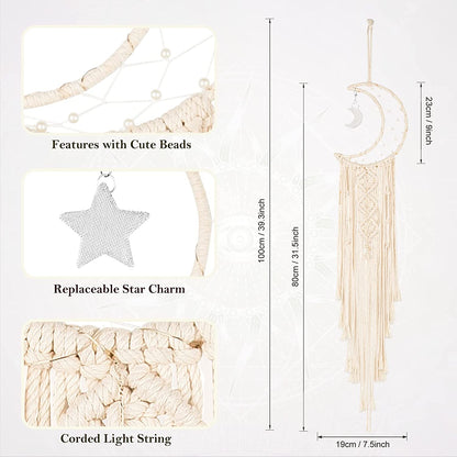 Boho Macrame Woven Wall Hanging, Crochet Crescent Moon Star Dream Catcher with Long Tassel- White Cotton Handmade Bohemian Home Decor Decoration Art Craft for Kids Bedroom Dorm Room
