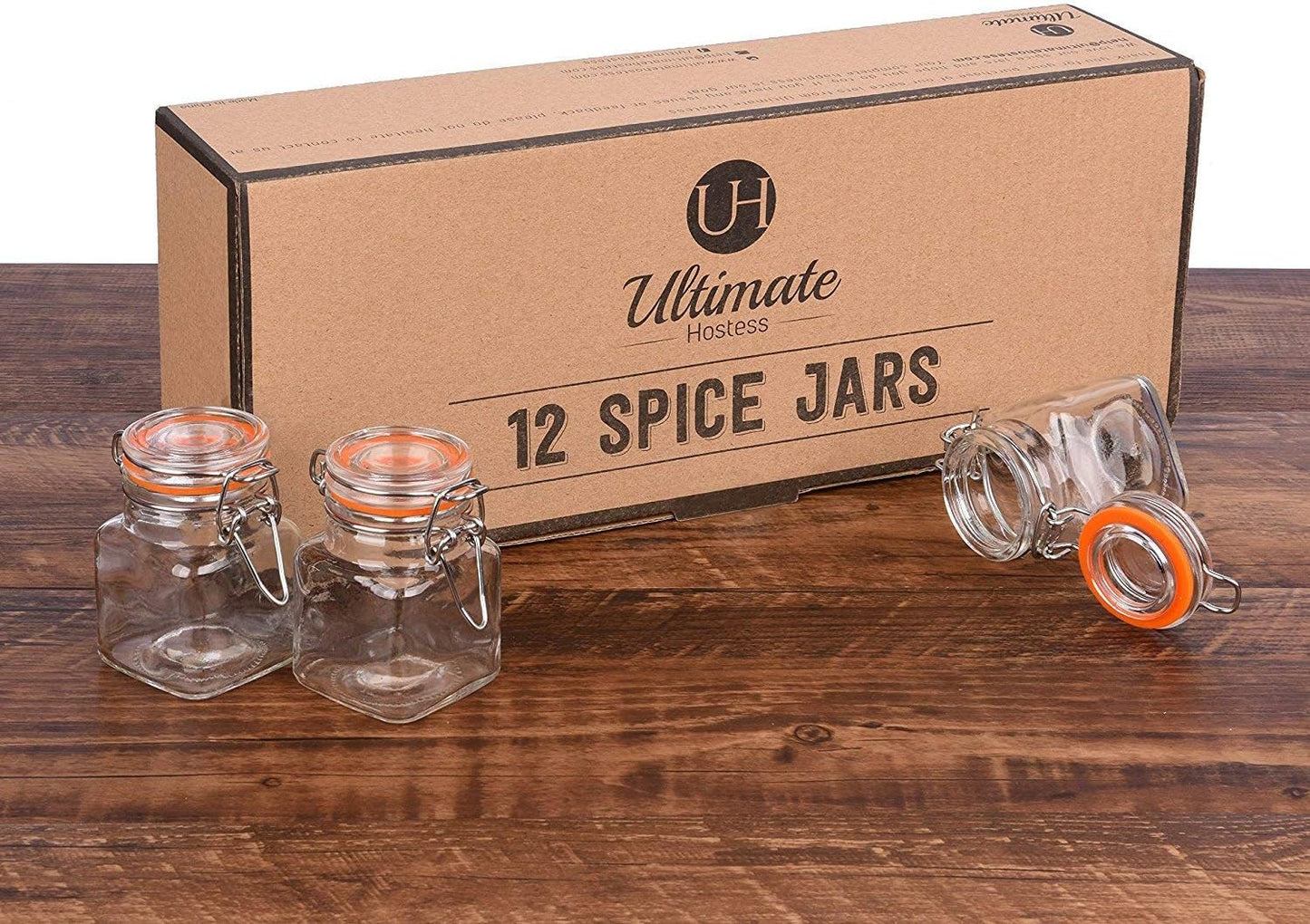 Spice Jars - 12 Airtight Flip Top Bottles with 40 Labels & Chalkboard Pen - Complete Set of 3.4 Ounce Square Empty Spice Bottles with Funnel | Kitchen Spice Organizer Clear Glass Jars