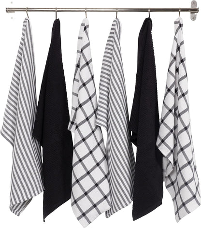 Premium Kitchen Towels (18" X 28"), Large 100% Cotton, Flat & Terry Absorbent Dish Towel Set (Black, 18 X 28-6 Pack)