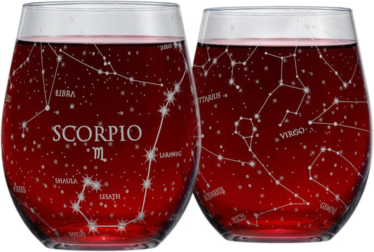 Scorpio Stemless Wine Glasses Zodiac Scorpio Set Hand Etched 15 Oz (Set of 2) - Astrology Sign Glassware