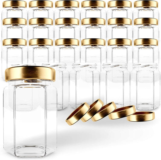 Hexagon Glass Jars 4Oz Premium Food-Grade. Mini Jars with Lids for Gifts, Wedding Favors, Honey, Jams and More. (24, 4Oz)