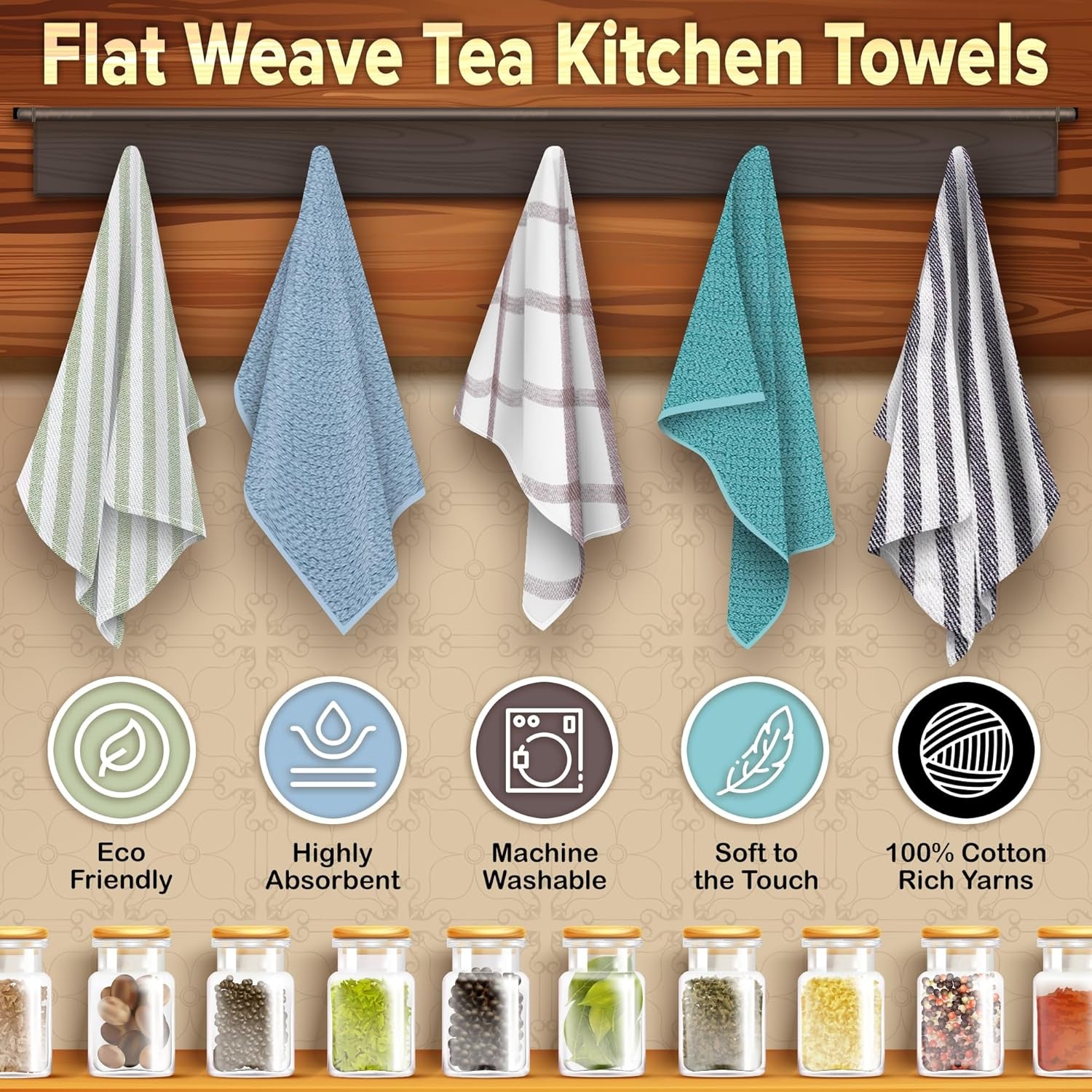 Premium Kitchen Towels (18" X 28"), Large 100% Cotton, Flat & Terry Absorbent Dish Towel Set (Black, 18 X 28-6 Pack)