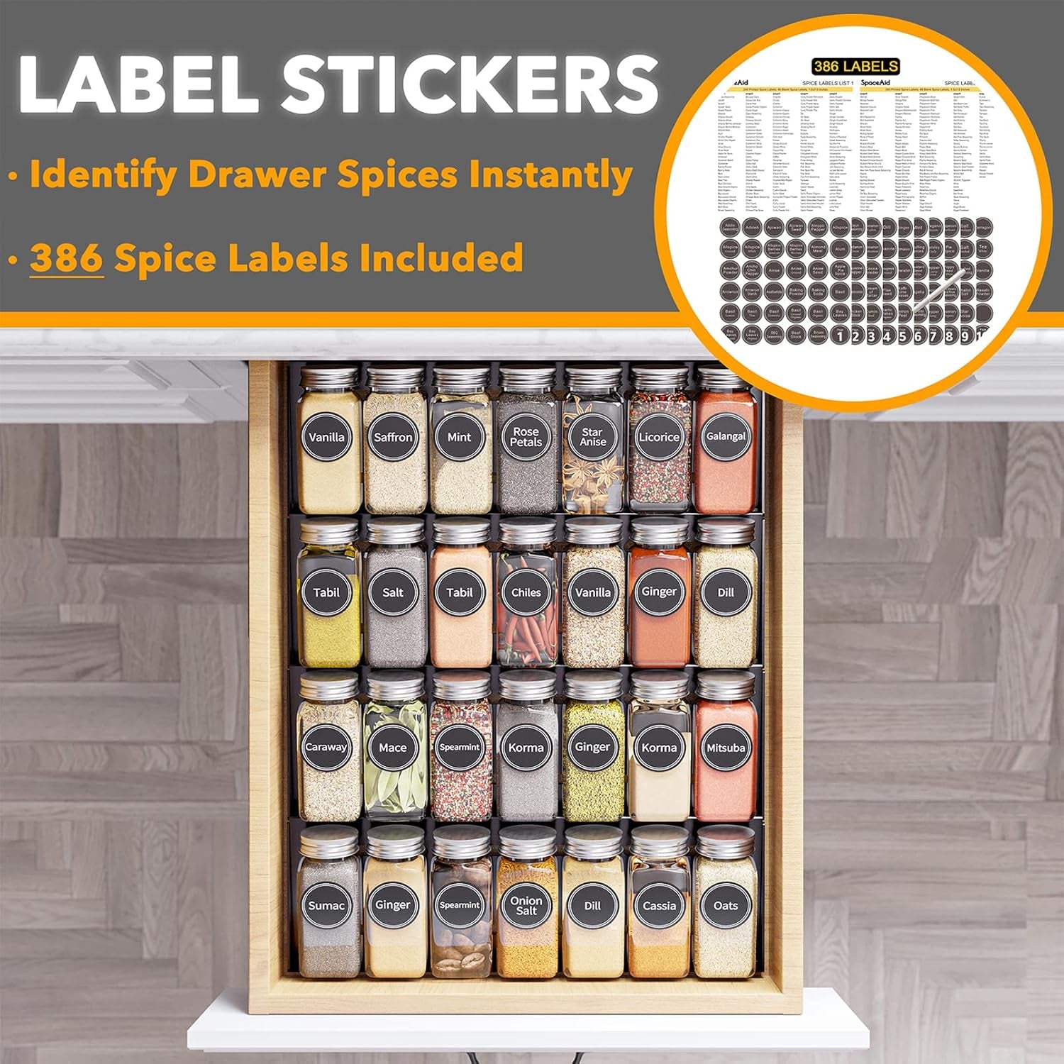 Spice Drawer Organizer with 28 Spice Jars, 386 Spice Labels, 4 Tier Seasoning Rack Tray Insert for Kitchen Drawers, 13" Wide X 17.5" Deep